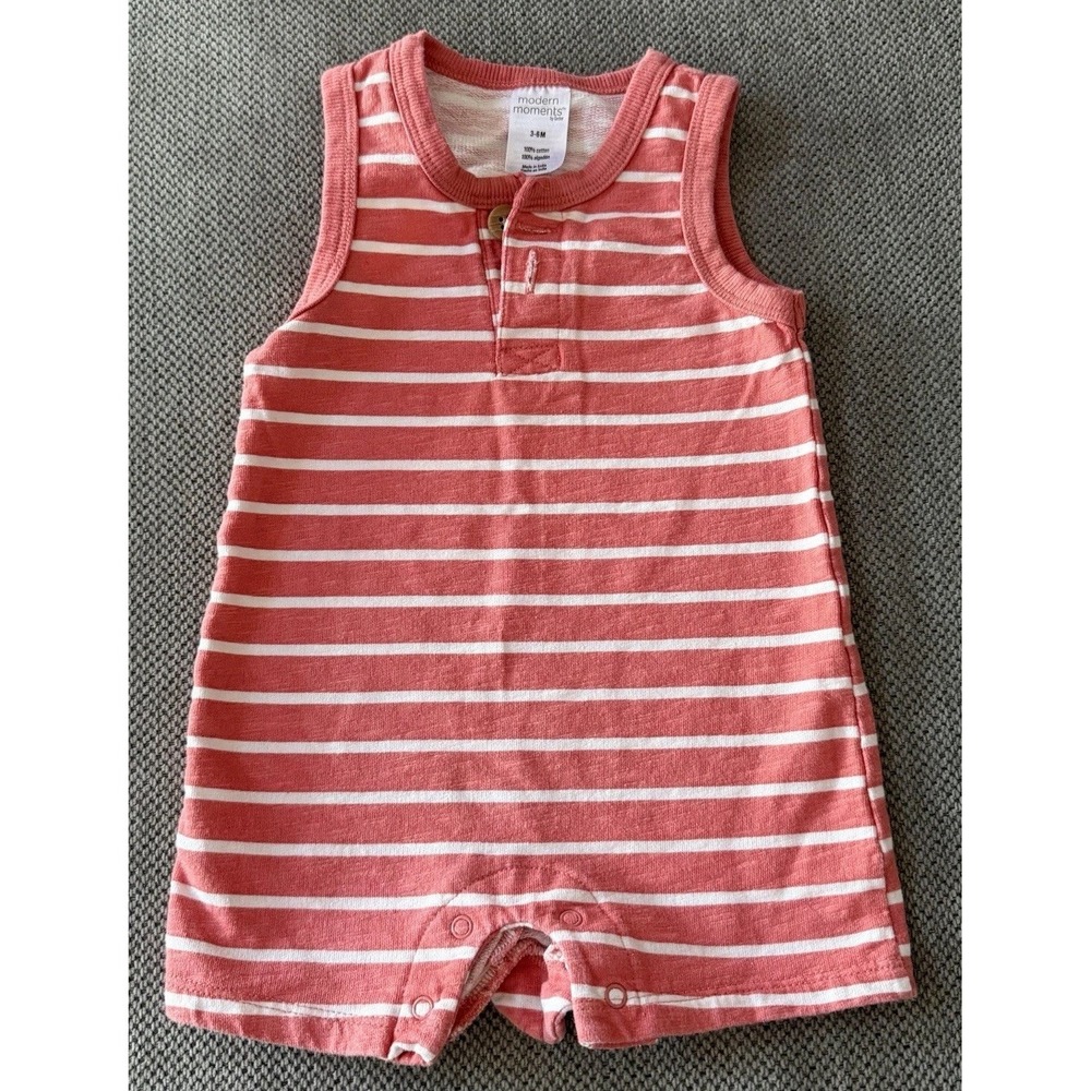 Modern Moments Gerber Romper 3-6M Coral Stripe Sleeveless Snap Cotton Baby